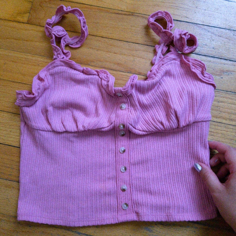 F21 forever 21 ruffle pink crop top
